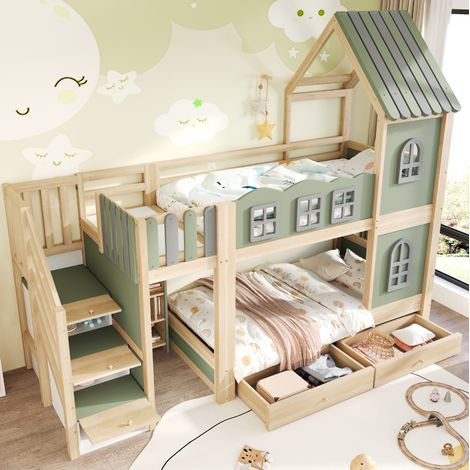 Lit superposé 90x200 avec rangements, bois vert HAVRYA (1/5)