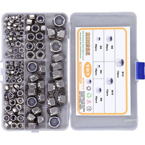 181-teiliges Set aus Muttern in 6 Größen, Nyloneinsatz, hochfester Edelstahl, kleines Volumen, M4-M12 Sicherungsmuttern (1/5)