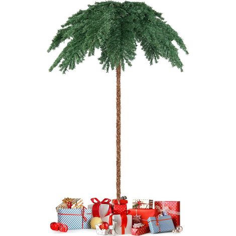 COSTWAY Sapin de Noël Artificiel de 180 cm, Palmier de Noël Pré-Illuminé avec 250 Lumières LED Blanc Chaud, 813 Branches, Structure à Charnière, Support, pour Porche, Maison (1/5)