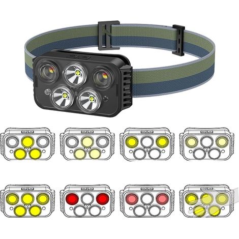 Lampe frontale LED rechargeable avec batterie de 1200 mAh avec détecteur de mouvement, contrôle des ondes manuelles, 6 modes d'éclairage, angle réglable pour le camping, la randonnée, la