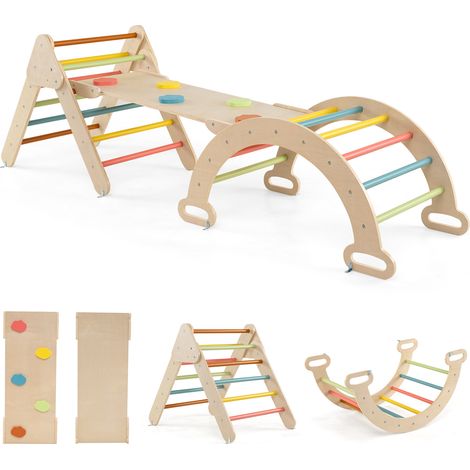 COSTWAY 3-In-1 Kids Climbing Triangle Set Wooden Triangle Climber Set-Colorful