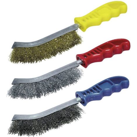 Brosse en fil d'acier avec manche en plastique rouge, antirouille, ébavurant, brosse de nettoyage à manche en plastique, une brosse avec manche et lame. (1/4)