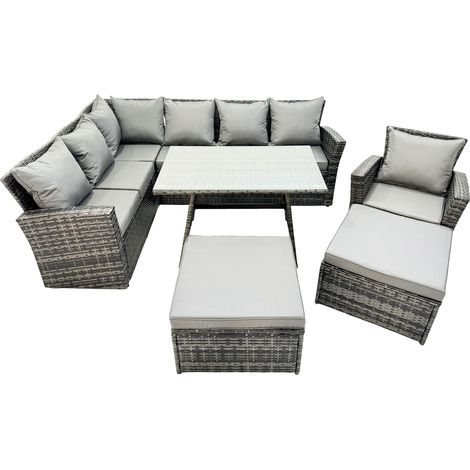 Fimous 9 Seat Rattan High Back Corner Sofa Set Patio Dining Table Set with Big Stool Dark Grey Mixed (1/5)