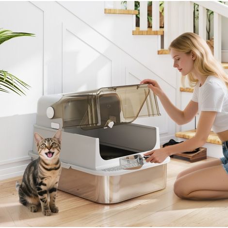 Litière pour chat XXL en inox avec couvercle HAVRYA (1/3)