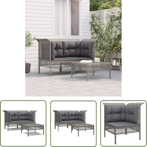 The Living Store 3-tlg. Garten-Lounge-Set mit Kissen Grau Poly Rattan - Gartenmöbel - Loungesessel - Gartenloungeset - PE-Rattan Möbel - Wetterfeste Gartenmöbel (1/5)