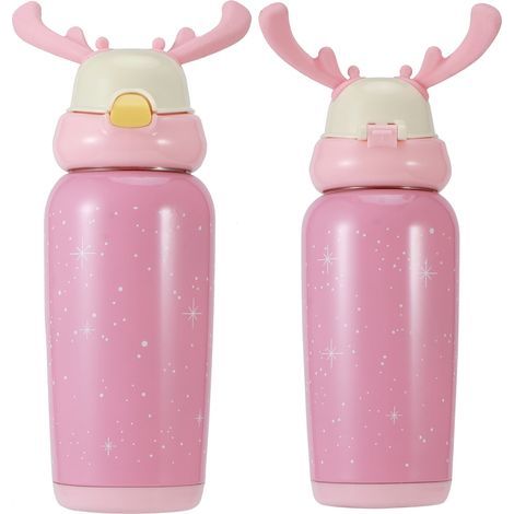 Niedliche, tragbare Thermosflasche aus Edelstahl mit Strohhalm für Kinder, 500 ml, Rosa (1/5)