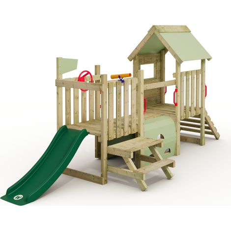 Wickey – Aire de jeux en bois pour enfants avec toboggan 120 cm – Table de pique-nique intégrée – Hauteur plateforme 60 cm – Résistant aux intempéries (1/5)