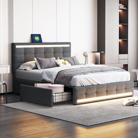 Lit rembourré 140x200cm, lit rembourré avec éclairage LED, 4 tiroirs et 2 ports USB, cadre de lit avec tête et pied de lit LED, lit plateforme rembourré avec espace de rangement, tissu lin gris, ga... (1/5)