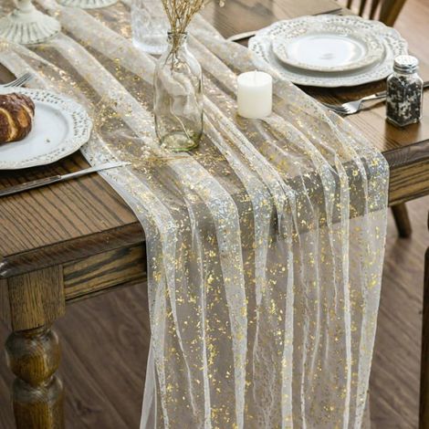 Chemin De Table Gaze - Polyester Beige Or - 71 x 305 cm - Pour Réception Mariage Fête - 1 Pièce (1/5)