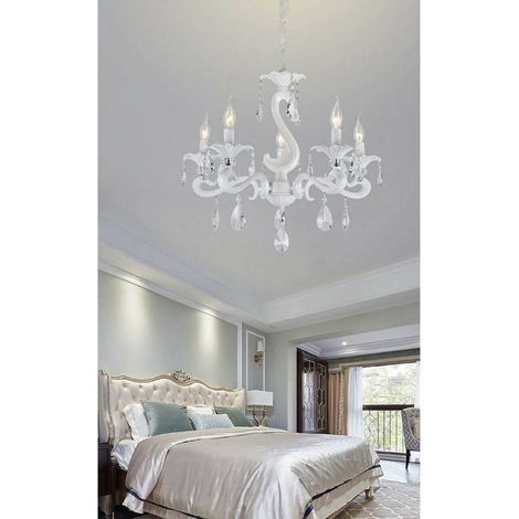 TRADE SHOP - Lampadario Classico Attacco E14 5 Bracci Con Pendenti In Acrilico Lampada A15-5 - Bianco (1/2)