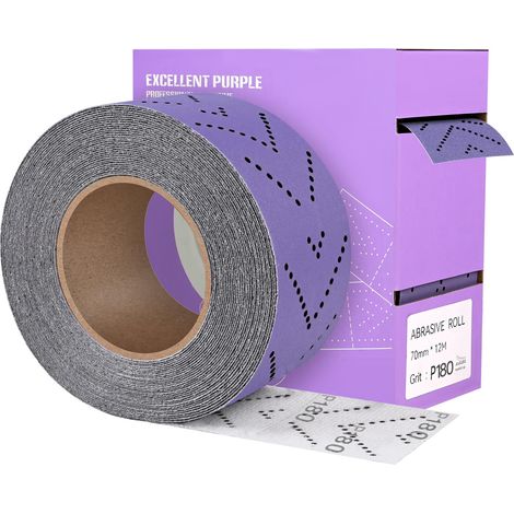 Rouleau de Papier Abrasif Grain 180, 70 mm x 12 m Rouleau de Feuille de Ponçage Multi-Trous Prédécoupé Papier de Verre Céramique Violet pour Le Bois, Le Métal, Le Ponçage Automobile (1/5)