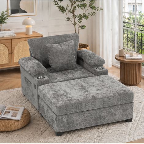 Lounge Sessel, um 90° drehbare Fußstütze zum Schlafsofa, Getränkehalter, Stauraumarmlehnen, Chenille, grau (1/5)