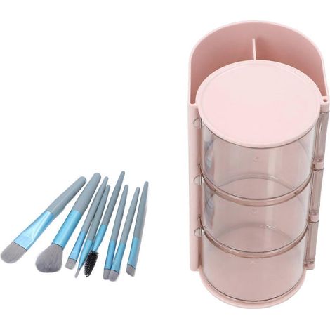 Boîte de rangement pour houppettes et 8 pinceaux de maquillage, en plastique transparent anti-poussière, rotative à 3 niveaux.