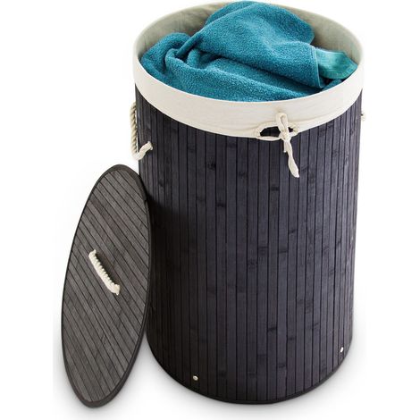 Relaxdays, 3x Bamboo Laundry Baskets, Foldable Hamper with Lid, 70L, Cotton Bag and Side Handles, HxØ: 65 x 41 cm, Black