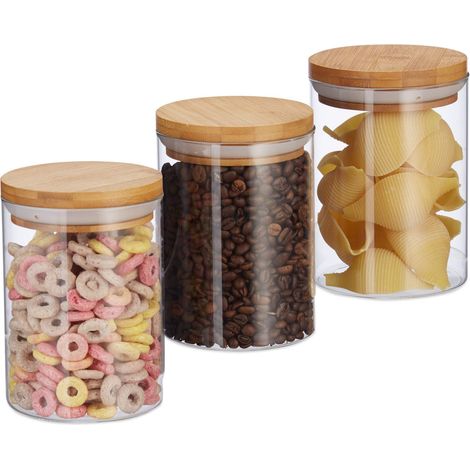 Vorratsdosen Glas Boîtes de Stockage en Verre, Jeu de 3, Tailles 600 ML, pâtes, Riz, céréales, Café, D 5 cm, Bambou (1/5)