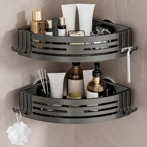 Eckregal für Badezimmer ohne Bohren, starke Saugnäpfe, abnehmbares rostfreies Aluminium, Eckduschregal für Dusche & Küche (2er-Set, Gunmetal Grey) (1/5)