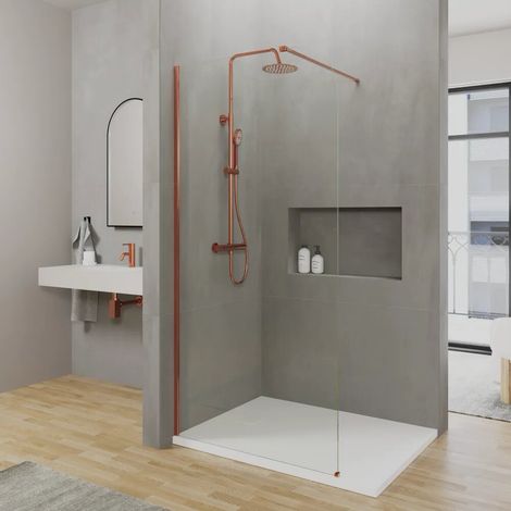 Cabine de douche à l italienne en arc de 140 cm avec profilé en cuivre brossé et verre transparent de 8 mm easy clean h200 Senja (1/4)