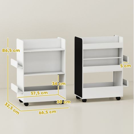 Bibliothèque enfant avec 4 étagères, bac de rangement, tableau noir et roulettes, blanc OKMYHOME (1/5)