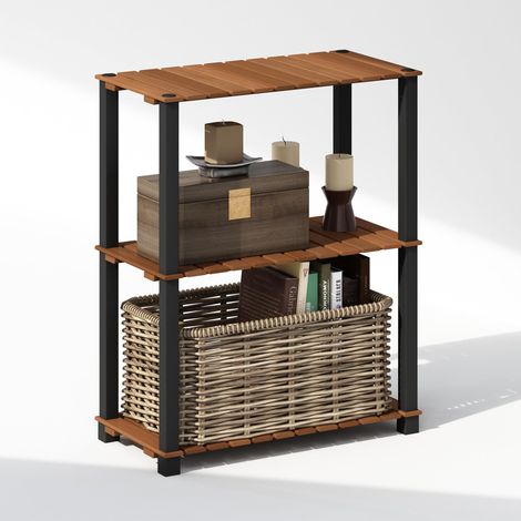 Étagère de présentation 3 Niveaux, Étagère de Rangement, Bibliothèque, avec Lattes en Bois, Poteaux carrés, pour Organisation et Rangement intérieur et extérieur, Naturel (1/5)