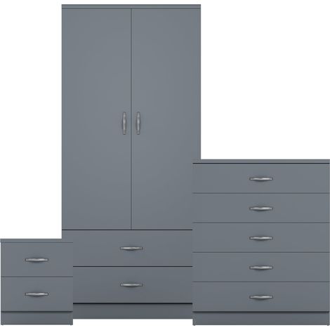 Riano 3 Piece Bedroom Set (2 Drw Bedside Chest, 5 Drw Chest, 2 Dr 2 Drw Wardrobe), Grey (1/3)
