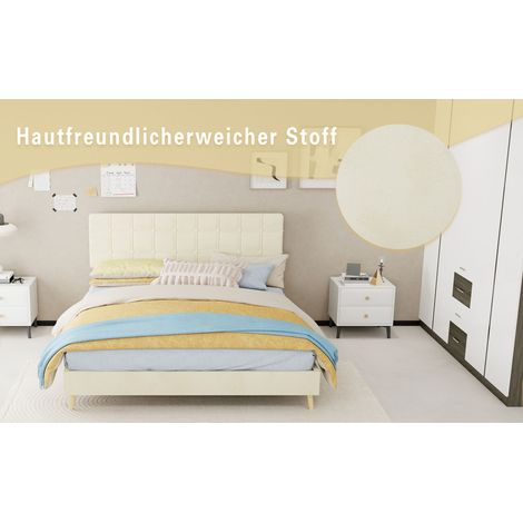 Lit double beige 160 x 200 cm en tissu avec tête de lit à carreaux et matelas inclus pour chambre parentale et chambre d'amis (1/5)