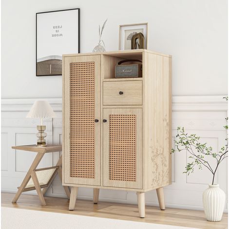 Aparador alto, aparador de salón con 2 puertas de ratán y 1 cajón, roble, 60 x 40 x 101 cm