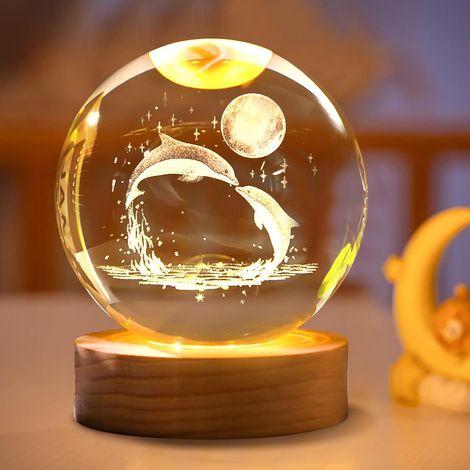 Veilleuse boule de cristal 3D - Lampe en forme de chat - Petit ours - Boule de cristal avec socle LED en bois - Lampe de nuit en verre - Chargement USB - Pour souvenirs, anniversaire, décoration (1/5)