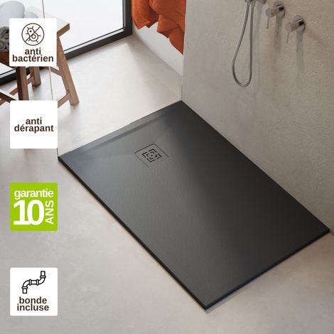 Receveur de douche 70x70 extra-plat Noir en résine minérale antidérapant effet pierre - Haldor LAVABERG (1/5)