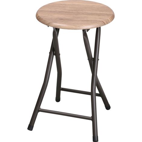 Tabouret d'appoint pliable en métal – Assise MDF imitation chêne – Diam. 30 x H. 45 cm – Gain de place pour petits espaces – Urban Living (1/8)