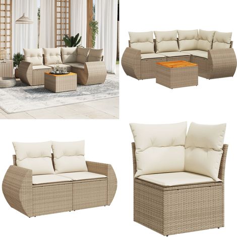 5-tlg. Garten-Sofagarnitur mit Kissen Beige Poly Rattan - Gartenmöbelset - Esszimmergarnitur - Outdoor Möbel - Lounge Set - Rattan Gartenmöbel - Home & Living (1/5)