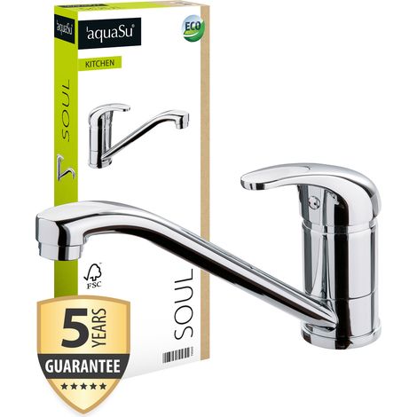 'aquaSu® Küchenarmatur Soul für Spüle, Spültischarmatur mit Wassersparmischdüse, Wasserhahn für die Küche, Einhebelmischer mit Keramikkartusche, Hochdruck-Armatur, Messing in chrom, 795845 (1/5)