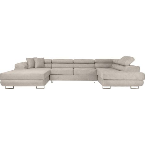 Canapé panoramique 6 places FLAVIO convertible avec 2 coffres en tissu - Gris clair