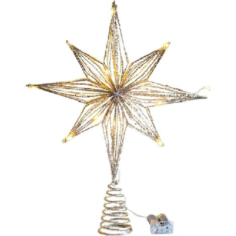 Beyamis Étoile lumineuse LED à huit branches pour sapin de Noël, ornement de Noël en fer doré champagne, 25 x 32 cm, décoration festive pour sapin de Noël (1/5)