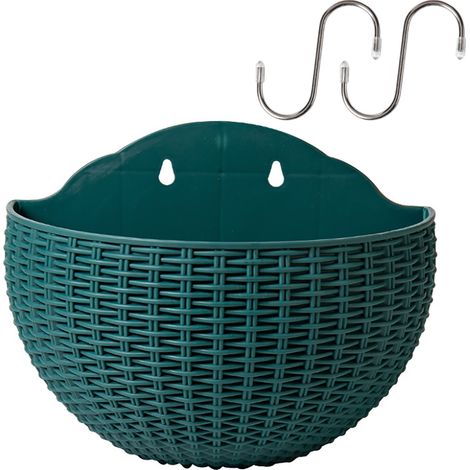 Set aus 2 halbrunden, wandmontierten Blumentöpfen aus synthetischem Rattan, dunkelgrün, für den Innen-, Außenbereich und Balkon. (1/5)