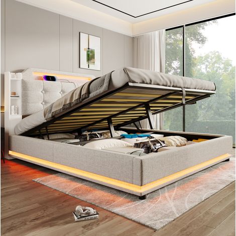 lit adulte coffre rangement 140x200 lin beige LED USB OKMYHOME (1/5)