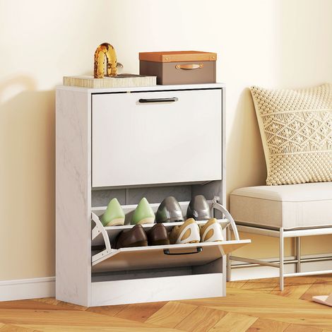 Meuble à chaussures étroit avec 2 portes laquées brillantes, étagères réglables, design marbre, pour 8 paires de chaussures, 60 x 24 x 80 cm, blanc