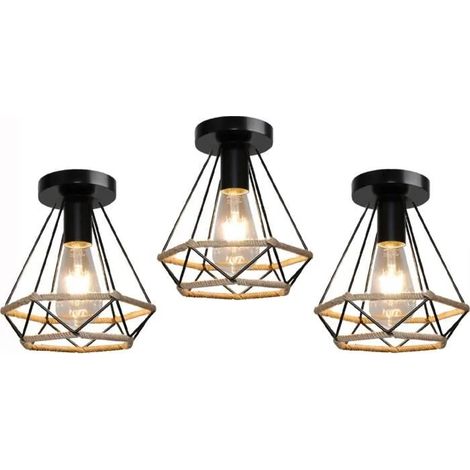U-Do 3Pcs Plafonnier Industriel en Corde de Chanvre Vintage 20cm Lustre de Plafonde Cage en Fer Noir (1/4)