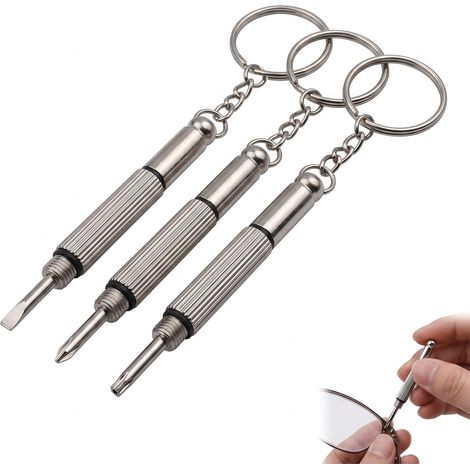 Lot de 3 Mini Tournevis Lunettes Opticien, Tournevis de Précision 3 en 1 en Métal, Petit Tournevis pour Lunettes de Vue, Montres et Bijoux, Kit de Réparation avec Porte-Clé - Argent (1/5)