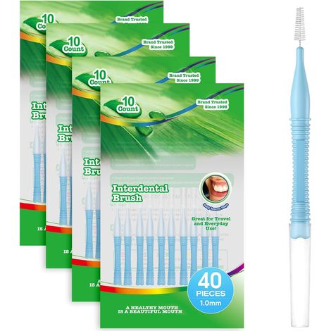 Lot de 40 Brossettes Interdentaires en Forme de I, Larges, Réutilisables, Bleues, 1,0 MM, pour Nettoyage des Dents, Manche Allongé Épais, Emballage de Voyage, Personnes avec Un Large Espace (1/5)