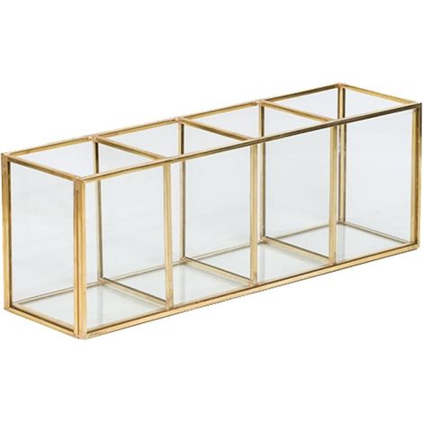 Organizer per pennelli da trucco in vetro con quattro scomparti, ideale per cosmetici e articoli da ufficio. (1/5)