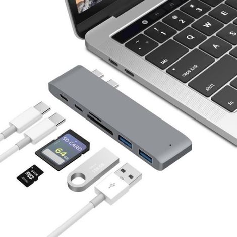 Hub USB C - 6 En 1 Avec 2 Ports USB 3.0 - 2 Ports Type-C - 1 Lecteur Carte SD TF - Pour MacBook Pro Air (1/4)
