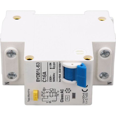 Disjoncteur 1P+N 230 V CA 16 A avec protection différentielle contre les fuites à la terre, montage sur rail DIN (1/5)
