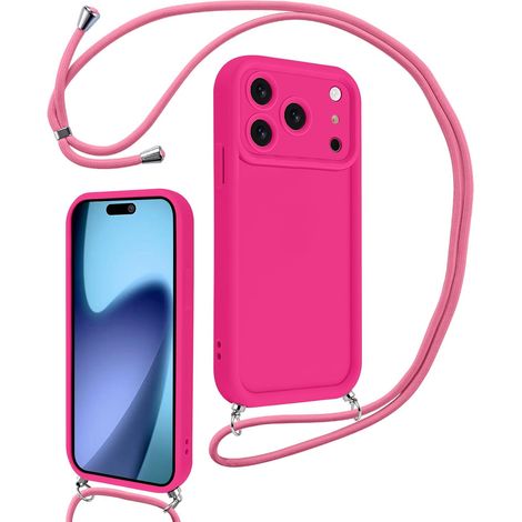 Coque pour iPhone 壹柒 Pro Max 6,9" avec Cordon de Collier Réglable, Etui Protection de la Caméra Silicone Souple TPU Antichoc Housse avec Corde Lanyard Cover pour Femmes Filles, Rose Rouge (1/5)