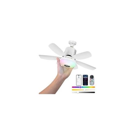 Roadtime 47cm RGB Ventilateur de plafond avec lumière, 32W E27 socle Ventilateur de plafond à lumière variable avec 3 vitesses, 6 pales et télécommande, Supporte couleurs RGB, lecteur musique (Blanc) (1/4)