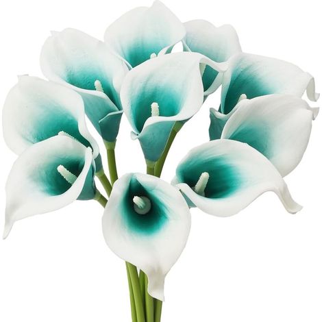 Lirios cala artificiales en miniatura (10 tallos): flores de látex realistas para ramos de novia, perfectas para la decoración del hogar y fiestas (azul verdoso y blanco).