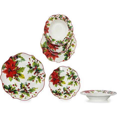 Servizio Piatti Natalizio 18 Pezzi completo Porcellana Bone China per 6 Persone  Decoro Stelle di Natale e Pungitopo rosso Bordo Smerlato (1/5)