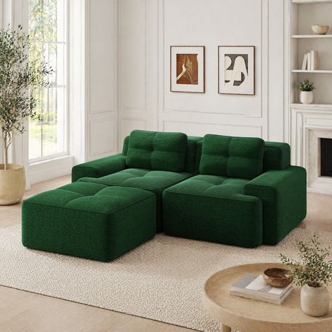 Canapé d'angle 2 places en forme de L – Repose-pieds modulable Tissu velours côtelé vert– Assise profonde – Sans assemblage –204×177×69 cm (1/5)