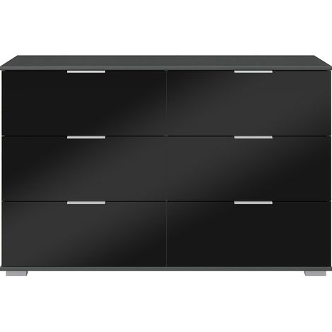 Schlafzimmer Kommode mit 6 Schubladen in graphit mit schwarzem Glas ELSTRA-43, B/H/T ca. 130/83/41 cm