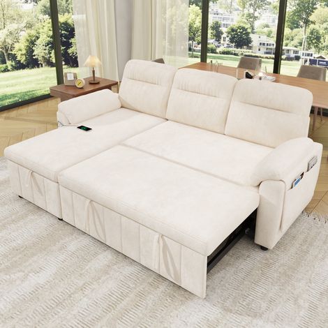 Canapé d'angle en forme de L avec méridienne réversible gauche/droite, fonction couchage extensible, espace de rangement dans la méridienne, panneau USB/Type-C, compartiment d'accoudoir d'appui-tête s (1/5)