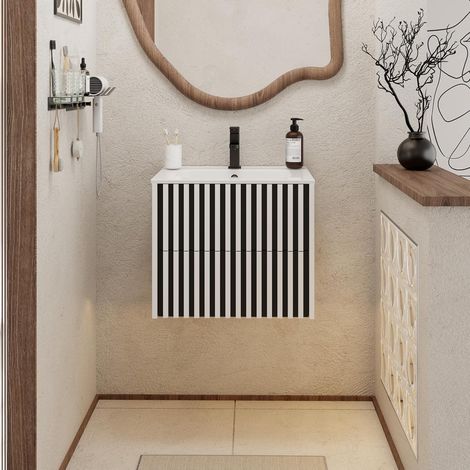 UEV Meuble Salle de Bain 60cm, Meuble Suspendu avec Lavabo en Céramique, Deux Tiroirs avec Grand Espace de Rangement, Poignée Cachée, Motif de Ligne, 60 x 45 x 50cm, Blanc